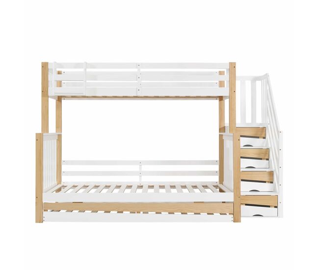 Cama litera + cama nido 90x200&120x200 - con protección anticaídas, barandilla, tres posiciones de cama, escalera en esquina, diseño de puerta