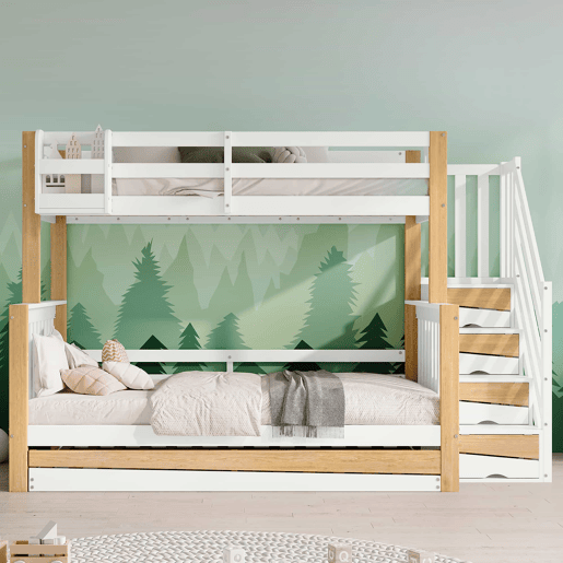 Beliche + cama extra 90x200&120x200 - com proteção anti-queda, grade, três posições de cama, escada de canto, design especial da porta - Branco+Natural Beliche + cama extra 90x200&120x200 - com proteção anti-queda, grade, três posições de cama, escada de canto, design especial da porta - Branco+Natural