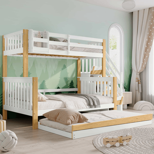 Beliche + cama extra 90x200&120x200 - com proteção anti-queda, grade, três posições de cama, escada de canto, design especial da porta - Branco+Natural Beliche + cama extra 90x200&120x200 - com proteção anti-queda, grade, três posições de cama, escada de canto, design especial da porta - Branco+Natural
