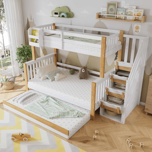 Beliche + cama extra 90x200&120x200 - com proteção anti-queda, grade, três posições de cama, escada de canto, design especial da porta - Branco+Natural Beliche + cama extra 90x200&120x200 - com proteção anti-queda, grade, três posições de cama, escada de canto, design especial da porta - Branco+Natural