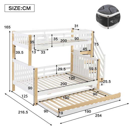 Beliche + cama extra 90x200&120x200 - com proteção anti-queda, grade, três posições de cama, escada de canto, design especial da porta - Branco+Natural Beliche + cama extra 90x200&120x200 - com proteção anti-queda, grade, três posições de cama, escada de canto, design especial da porta - Branco+Natural