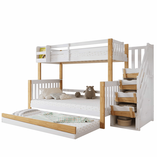 Beliche + cama extra 90x200&120x200 - com proteção anti-queda, grade, três posições de cama, escada de canto, design especial da porta - Branco+Natural Beliche + cama extra 90x200&120x200 - com proteção anti-queda, grade, três posições de cama, escada de canto, design especial da porta - Branco+Natural