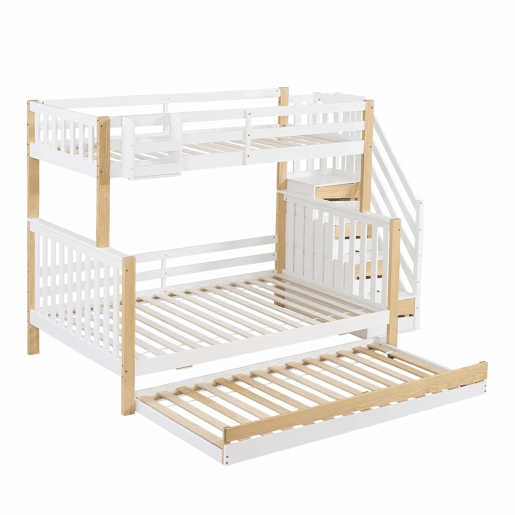 Beliche + cama extra 90x200&120x200 - com proteção anti-queda, grade, três posições de cama, escada de canto, design especial da porta - Branco+Natural Beliche + cama extra 90x200&120x200 - com proteção anti-queda, grade, três posições de cama, escada de canto, design especial da porta - Branco+Natural