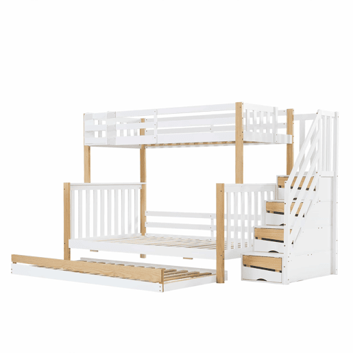 Beliche + cama extra 90x200&120x200 - com proteção anti-queda, grade, três posições de cama, escada de canto, design especial da porta - Branco+Natural Beliche + cama extra 90x200&120x200 - com proteção anti-queda, grade, três posições de cama, escada de canto, design especial da porta - Branco+Natural