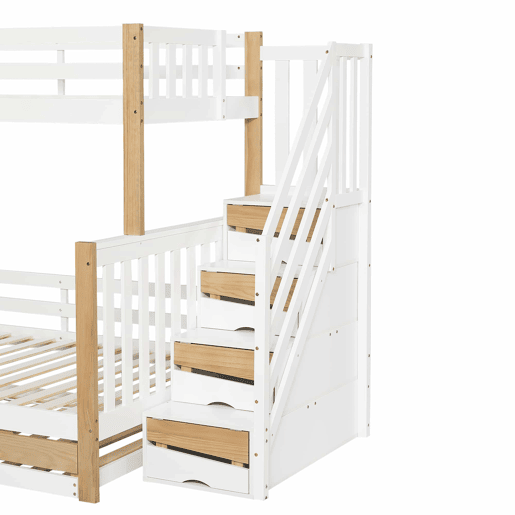 Beliche + cama extra 90x200&120x200 - com proteção anti-queda, grade, três posições de cama, escada de canto, design especial da porta - Branco+Natural Beliche + cama extra 90x200&120x200 - com proteção anti-queda, grade, três posições de cama, escada de canto, design especial da porta - Branco+Natural