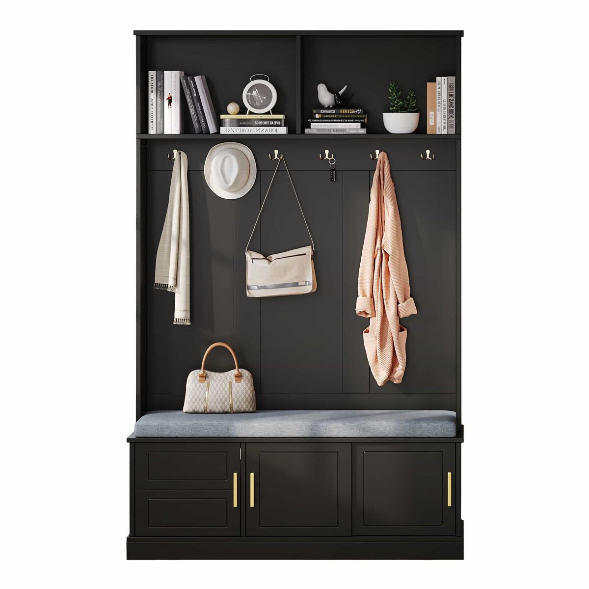 Perchero con banco 120×40×191 cm - 6 ganchos triples, independiente, ahorro de espacio, negro