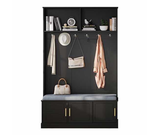 Perchero con banco 120×40×191 cm - 6 ganchos triples, independiente, ahorro de espacio, negro