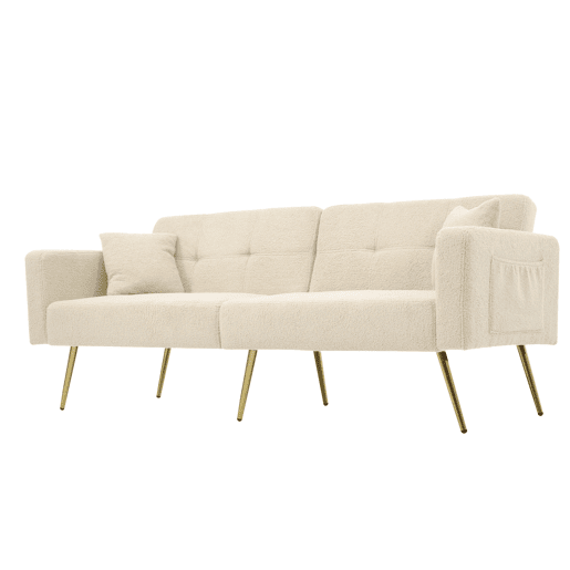 Sofás de 2 lugares - reclináveis, pés dourados, com almofadas e bolsos laterais - bege Sofás de 2 lugares - reclináveis, pés dourados, com almofadas e bolsos laterais - bege