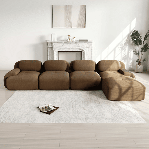 Sofá de canto para 4 pessoas - Chaise longue, acolchoado 32D, braços largos, antiderrapante - Castanho