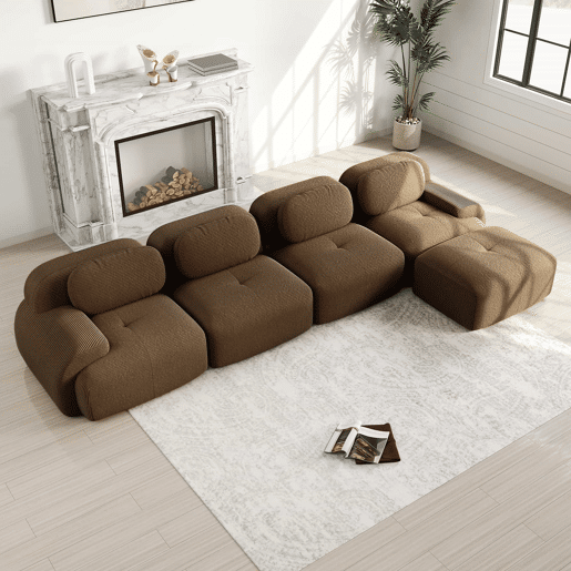 Sofá de canto para 4 pessoas - Chaise longue, acolchoado 32D, braços largos, antiderrapante - Castanho