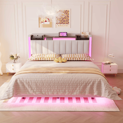 Cama em tecido de linho 140x200 cm - com tomada USB e estrado - Bege Cama em tecido de linho 140x200 cm - com tomada USB e estrado - Bege
