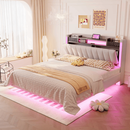 Cama em tecido de linho 140x200 cm - com tomada USB e estrado - Bege Cama em tecido de linho 140x200 cm - com tomada USB e estrado - Bege
