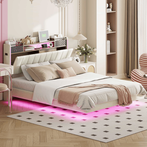 Cama em tecido de linho 140x200 cm - com tomada USB e estrado - Bege Cama em tecido de linho 140x200 cm - com tomada USB e estrado - Bege