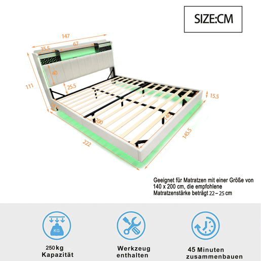 Cama em tecido de linho 140x200 cm - com tomada USB e estrado - Bege Cama em tecido de linho 140x200 cm - com tomada USB e estrado - Bege