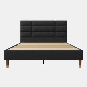 Cama de casal 140x200cm - Cama estofada em linho com estrado e cabeceira - Preto