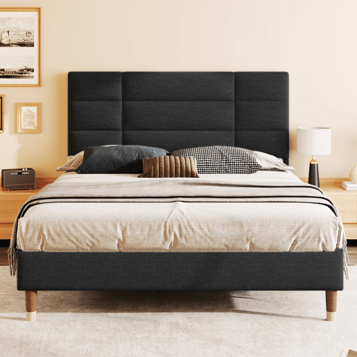 Cama de casal 140x200cm - Cama estofada em linho com estrado e cabeceira - Preto