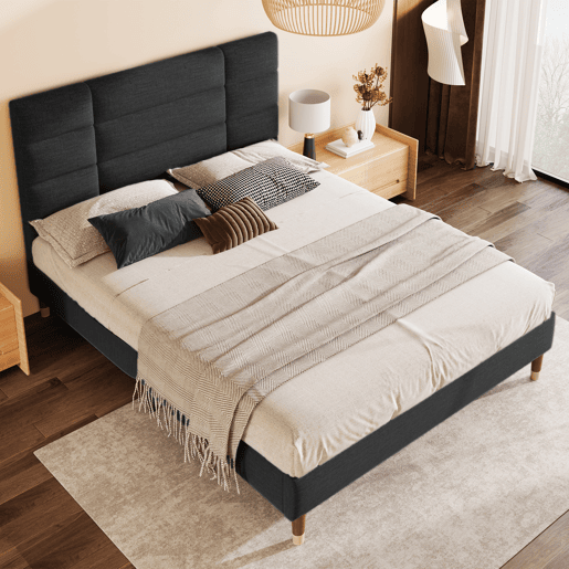 Cama de casal 140x200cm - Cama estofada em linho com estrado e cabeceira - Preto