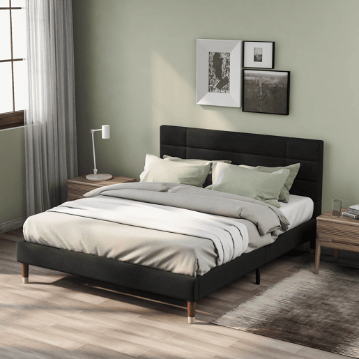 Cama de casal 140x200cm - Cama estofada em linho com estrado e cabeceira - Preto