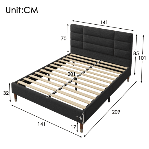 Cama de casal 140x200cm - Cama estofada em linho com estrado e cabeceira - Preto
