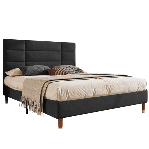 Cama de casal 140x200cm - Cama estofada em linho com estrado e cabeceira - Preto