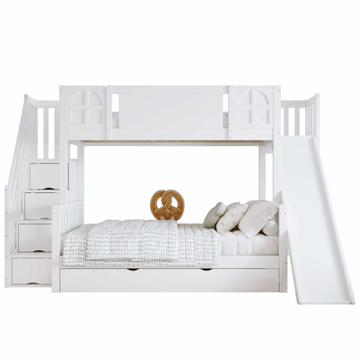 Beliche 90x200 cm - Com janela, escorregador, gavetas com rodinhas, escada com corrimão e 4 compartimentos - Branco