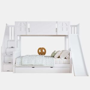Beliche 90x200 cm - Com janela, escorregador, gavetas com rodinhas, escada com corrimão e 4 compartimentos - Branco