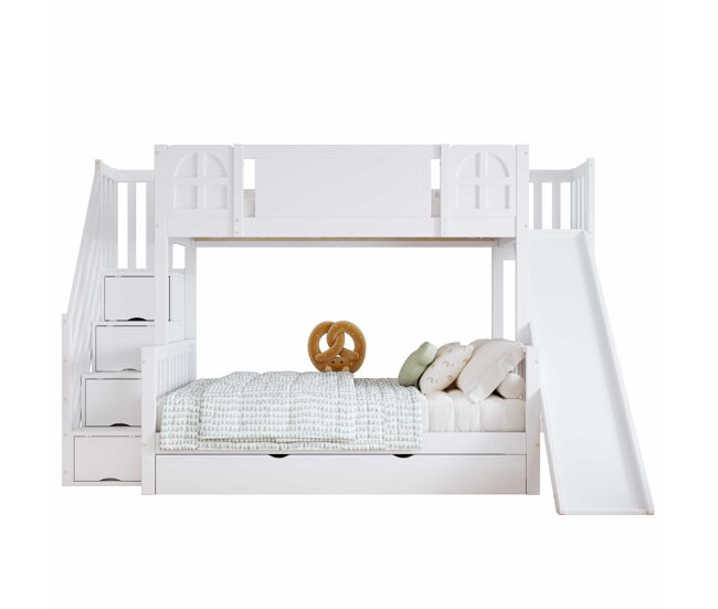 Cama litera 90x200cm - con ventana, tobogán, cajones con ruedas, escaleras con pasamanos y 4 compartimentos - blanco