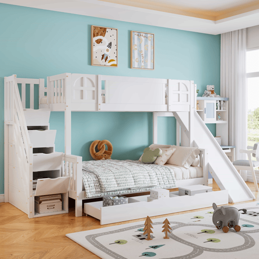 Beliche 90x200 cm - Com janela, escorregador, gavetas com rodinhas, escada com corrimão e 4 compartimentos - Branco