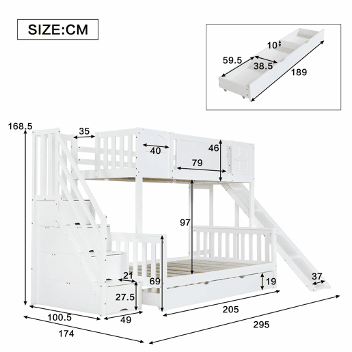 Beliche 90x200 cm - Com janela, escorregador, gavetas com rodinhas, escada com corrimão e 4 compartimentos - Branco