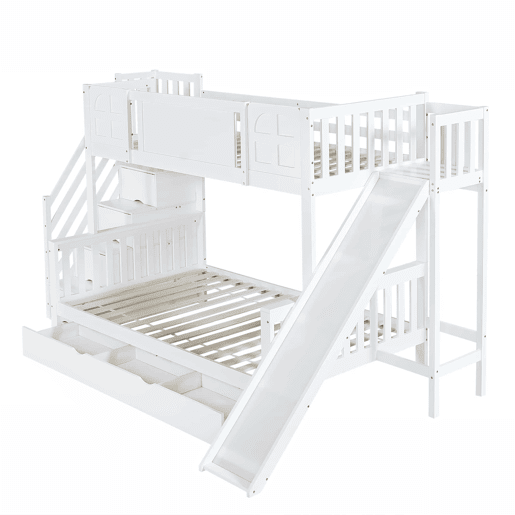 Beliche 90x200 cm - Com janela, escorregador, gavetas com rodinhas, escada com corrimão e 4 compartimentos - Branco