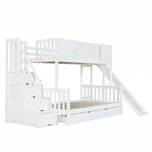 Beliche 90x200 cm - Com janela, escorregador, gavetas com rodinhas, escada com corrimão e 4 compartimentos - Branco