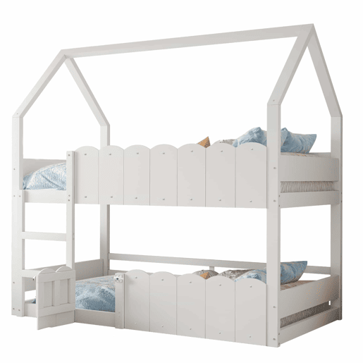 Beliche infantil 90x200 cm - Design em forma de casa com grades de segurança - Branco
