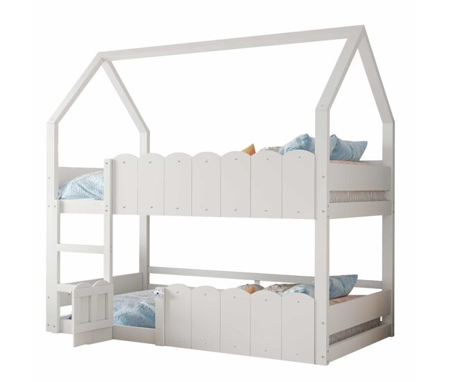 Cama litera infantil 90x200 cm - diseño en forma de casa con barandillas de seguridad - blanco