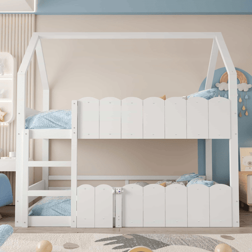 Beliche infantil 90x200 cm - Design em forma de casa com grades de segurança - Branco