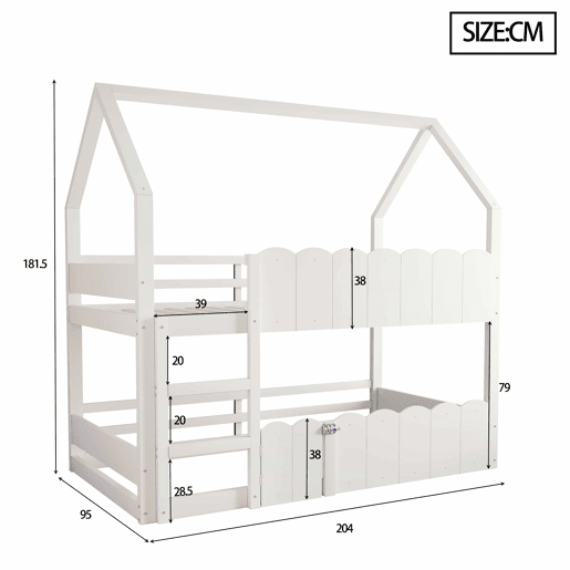 Beliche infantil 90x200 cm - Design em forma de casa com grades de segurança - Branco
