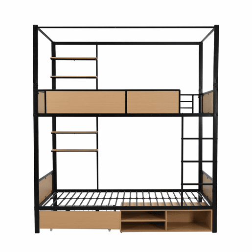 Cama alta 90x200 - Cama de ferro + MDF, prateleira lateral dupla, grades e escadas resistentes, arrumação debaixo da cama, cortina superior opcional - Preto+Natural Cama alta 90x200 - Cama de ferro + MDF, prateleira lateral dupla, grades e escadas resistentes, arrumação debaixo da cama, cortina superior opcional - Preto+Natural
