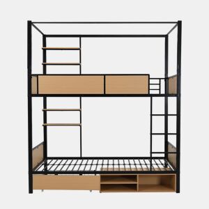 Cama alta 90x200 - Cama de ferro + MDF, prateleira lateral dupla, grades e escadas resistentes, arrumação debaixo da cama, cortina superior opcional - Preto+Natural