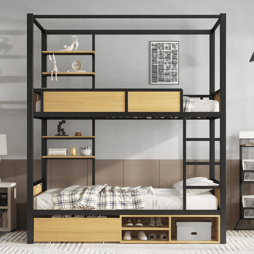Cama alta 90x200 - Cama de ferro + MDF, prateleira lateral dupla, grades e escadas resistentes, arrumação debaixo da cama, cortina superior opcional - Preto+Natural Cama alta 90x200 - Cama de ferro + MDF, prateleira lateral dupla, grades e escadas resistentes, arrumação debaixo da cama, cortina superior opcional - Preto+Natural