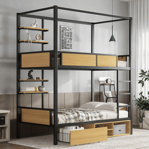 Cama alta 90x200 - Cama de ferro + MDF, prateleira lateral dupla, grades e escadas resistentes, arrumação debaixo da cama, cortina superior opcional - Preto+Natural Cama alta 90x200 - Cama de ferro + MDF, prateleira lateral dupla, grades e escadas resistentes, arrumação debaixo da cama, cortina superior opcional - Preto+Natural