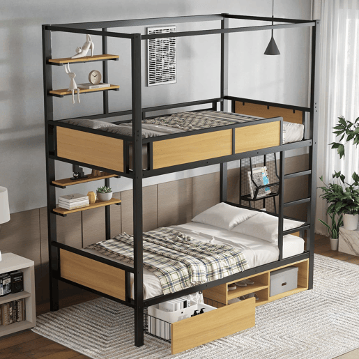 Cama alta 90x200 - Cama de ferro + MDF, prateleira lateral dupla, grades e escadas resistentes, arrumação debaixo da cama, cortina superior opcional - Preto+Natural Cama alta 90x200 - Cama de ferro + MDF, prateleira lateral dupla, grades e escadas resistentes, arrumação debaixo da cama, cortina superior opcional - Preto+Natural
