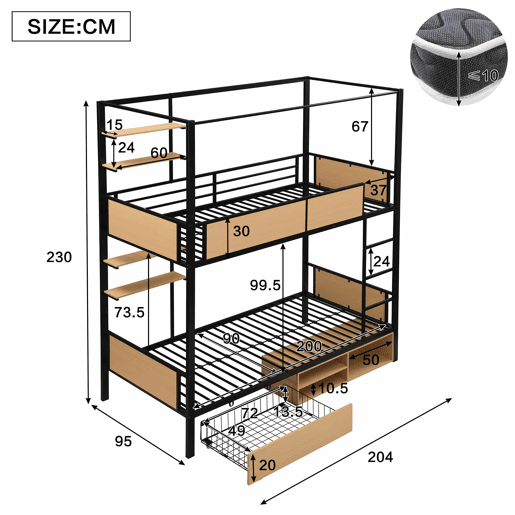 Cama alta 90x200 - Cama de ferro + MDF, prateleira lateral dupla, grades e escadas resistentes, arrumação debaixo da cama, cortina superior opcional - Preto+Natural Cama alta 90x200 - Cama de ferro + MDF, prateleira lateral dupla, grades e escadas resistentes, arrumação debaixo da cama, cortina superior opcional - Preto+Natural