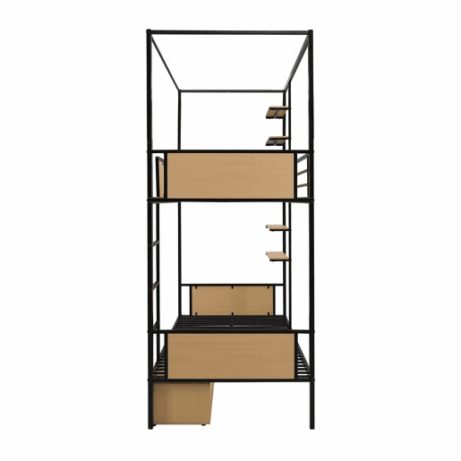 Cama alta 90x200 - Cama de ferro + MDF, prateleira lateral dupla, grades e escadas resistentes, arrumação debaixo da cama, cortina superior opcional - Preto+Natural Cama alta 90x200 - Cama de ferro + MDF, prateleira lateral dupla, grades e escadas resistentes, arrumação debaixo da cama, cortina superior opcional - Preto+Natural