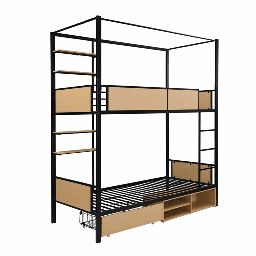 Cama alta 90x200 - Cama de ferro + MDF, prateleira lateral dupla, grades e escadas resistentes, arrumação debaixo da cama, cortina superior opcional - Preto+Natural Cama alta 90x200 - Cama de ferro + MDF, prateleira lateral dupla, grades e escadas resistentes, arrumação debaixo da cama, cortina superior opcional - Preto+Natural