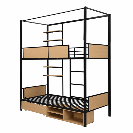 Cama alta 90x200 - Cama de ferro + MDF, prateleira lateral dupla, grades e escadas resistentes, arrumação debaixo da cama, cortina superior opcional - Preto+Natural Cama alta 90x200 - Cama de ferro + MDF, prateleira lateral dupla, grades e escadas resistentes, arrumação debaixo da cama, cortina superior opcional - Preto+Natural
