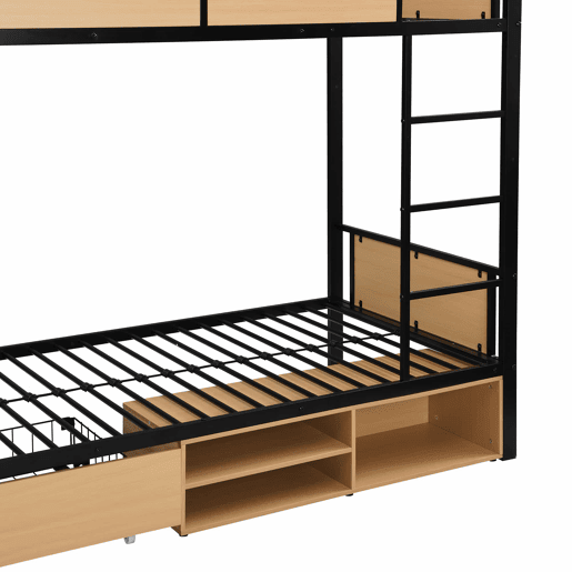 Cama alta 90x200 - Cama de ferro + MDF, prateleira lateral dupla, grades e escadas resistentes, arrumação debaixo da cama, cortina superior opcional - Preto+Natural Cama alta 90x200 - Cama de ferro + MDF, prateleira lateral dupla, grades e escadas resistentes, arrumação debaixo da cama, cortina superior opcional - Preto+Natural