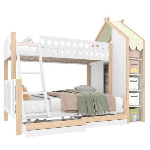 Cama alta 90x200 cm + 140x200 cm - Com grades, escada, 2 gavetas, vedação irregular - Branco + Natural Cama alta 90x200 cm + 140x200 cm - Com grades, escada, 2 gavetas, vedação irregular - Branco + Natural