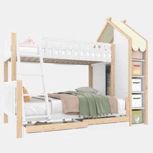 Cama alta 90x200 cm + 140x200 cm - Com grades, escada, 2 gavetas, vedação irregular - Branco + Natural