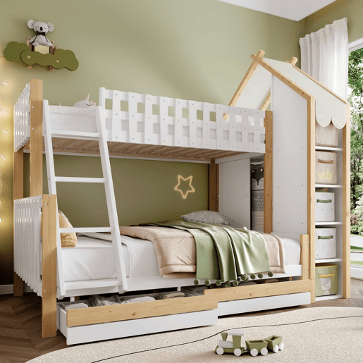 Cama alta 90x200 cm + 140x200 cm - Com grades, escada, 2 gavetas, vedação irregular - Branco + Natural Cama alta 90x200 cm + 140x200 cm - Com grades, escada, 2 gavetas, vedação irregular - Branco + Natural