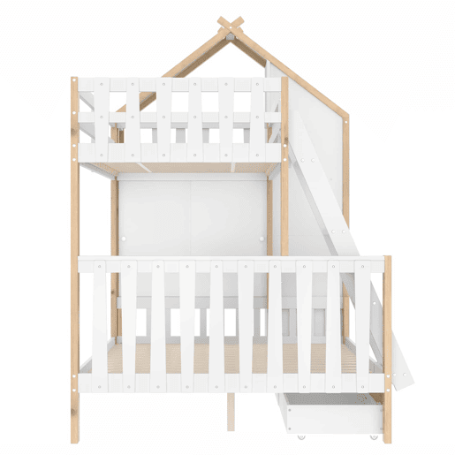 Cama alta 90x200 cm + 140x200 cm - Com grades, escada, 2 gavetas, vedação irregular - Branco + Natural Cama alta 90x200 cm + 140x200 cm - Com grades, escada, 2 gavetas, vedação irregular - Branco + Natural