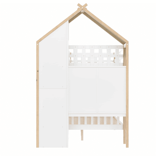 Cama alta 90x200 cm + 140x200 cm - Com grades, escada, 2 gavetas, vedação irregular - Branco + Natural Cama alta 90x200 cm + 140x200 cm - Com grades, escada, 2 gavetas, vedação irregular - Branco + Natural